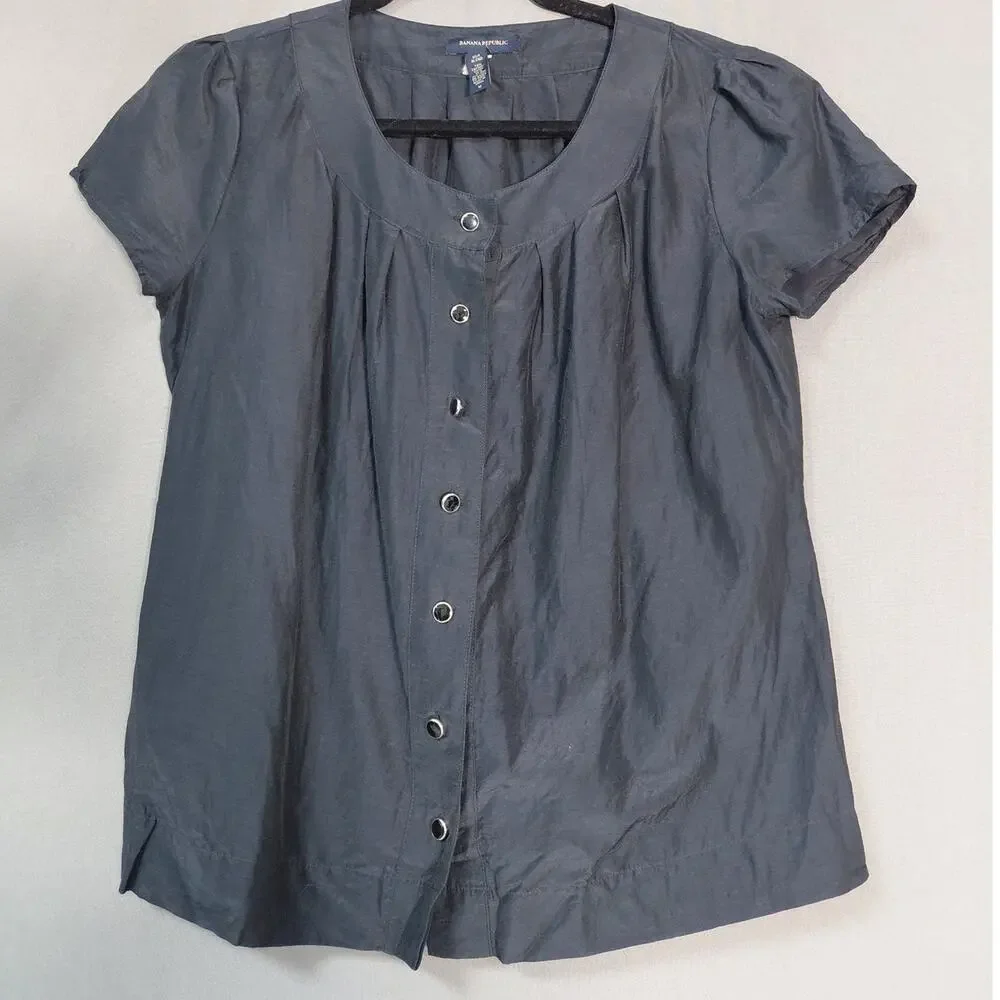 BANANA REPUBLIC Silk Blend Blouse Women Solid Woven Short Sleeve Size M